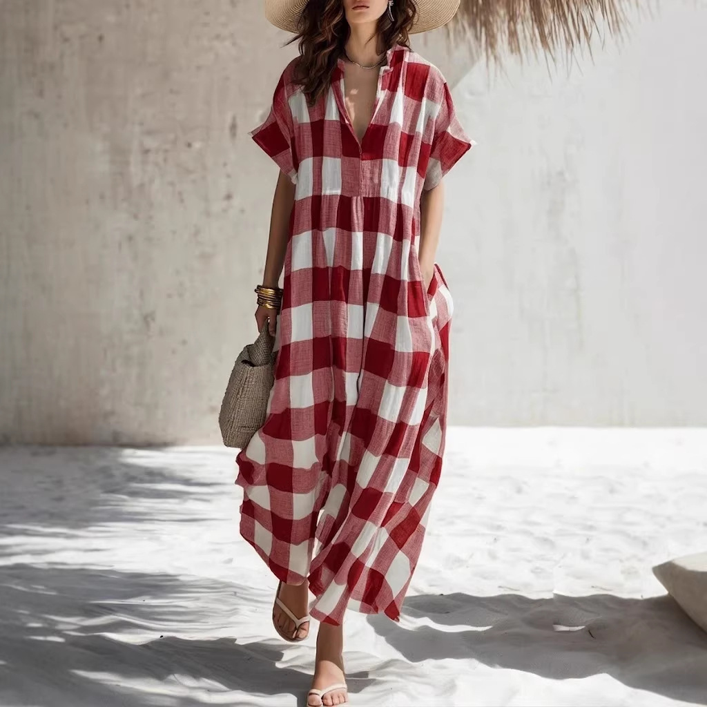 Plaid V-neck Long Cotton-Linen Dress - Image 2