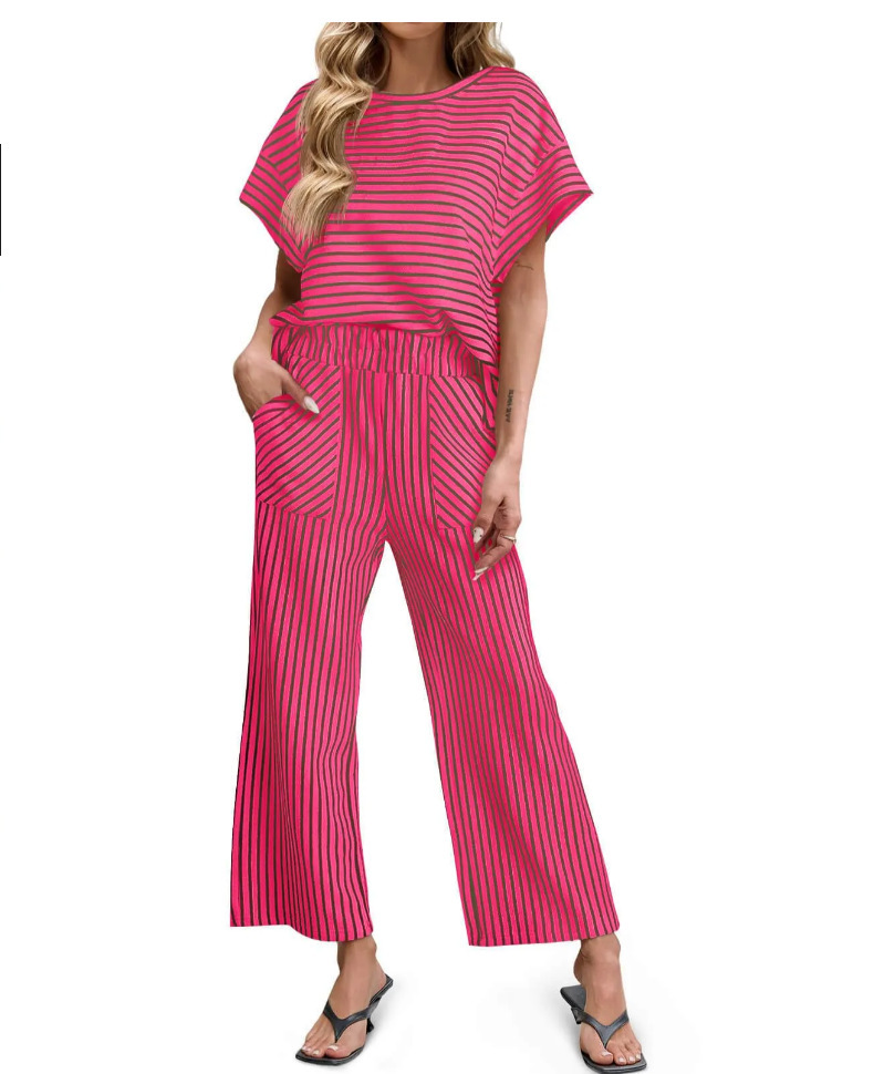 Womens Striped Short-Sleeve T-Shirt And Wide-Leg Pants Set With Pockets - Image 8
