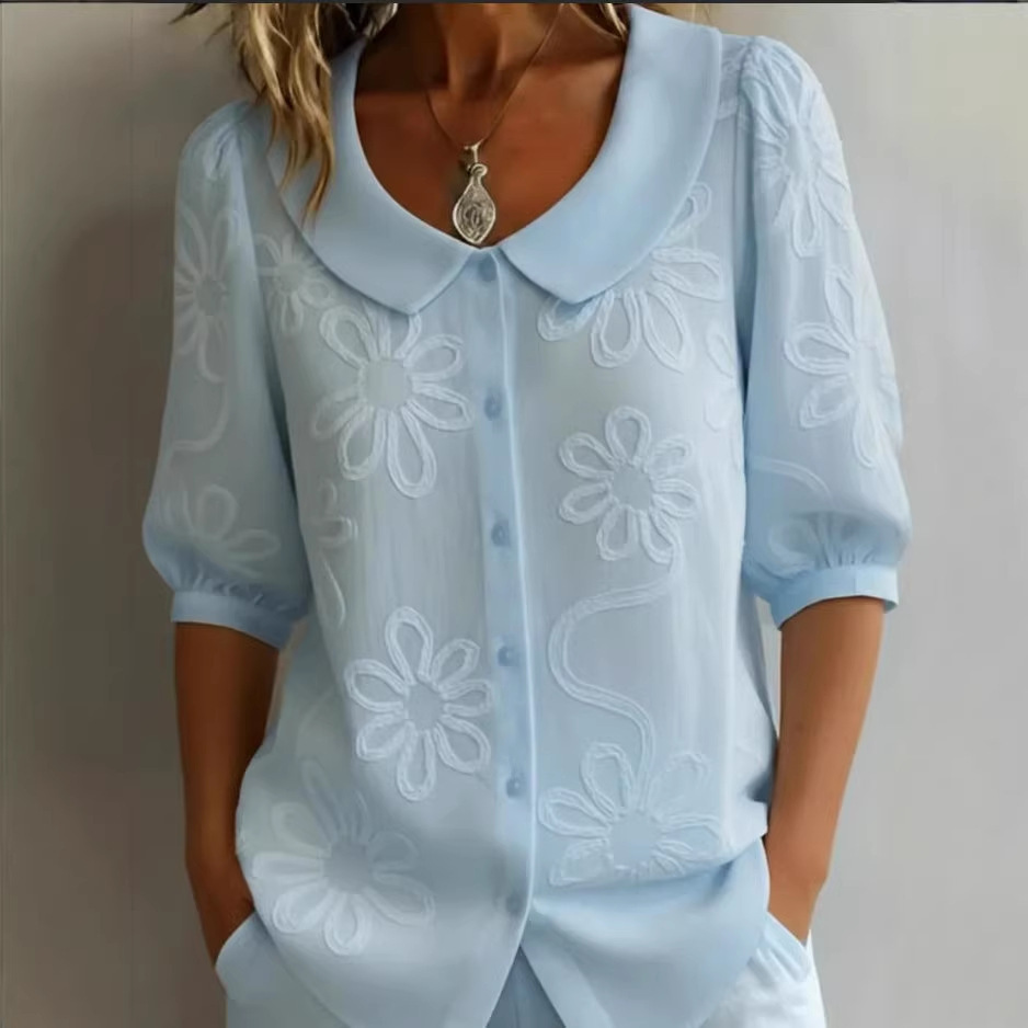 Loose-fit Retro Buttoned 3D Embroidered Floral Shirt - Image 1