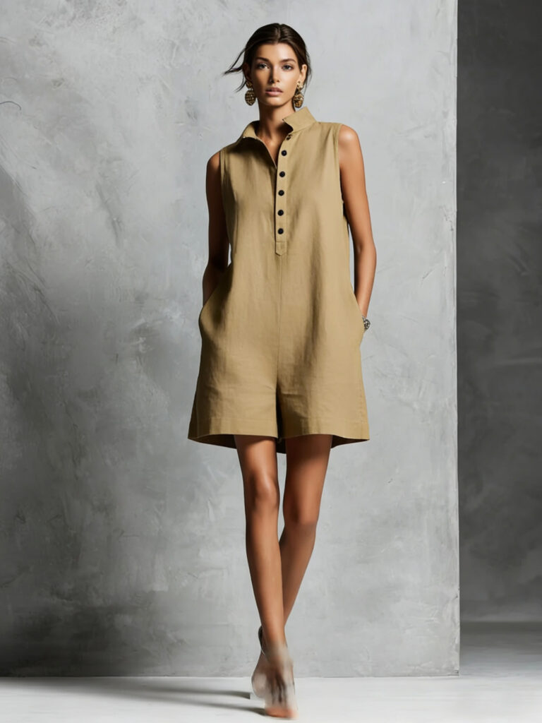 Women's Casual Lapel-Neck Sleeveless Short Jumpsuit