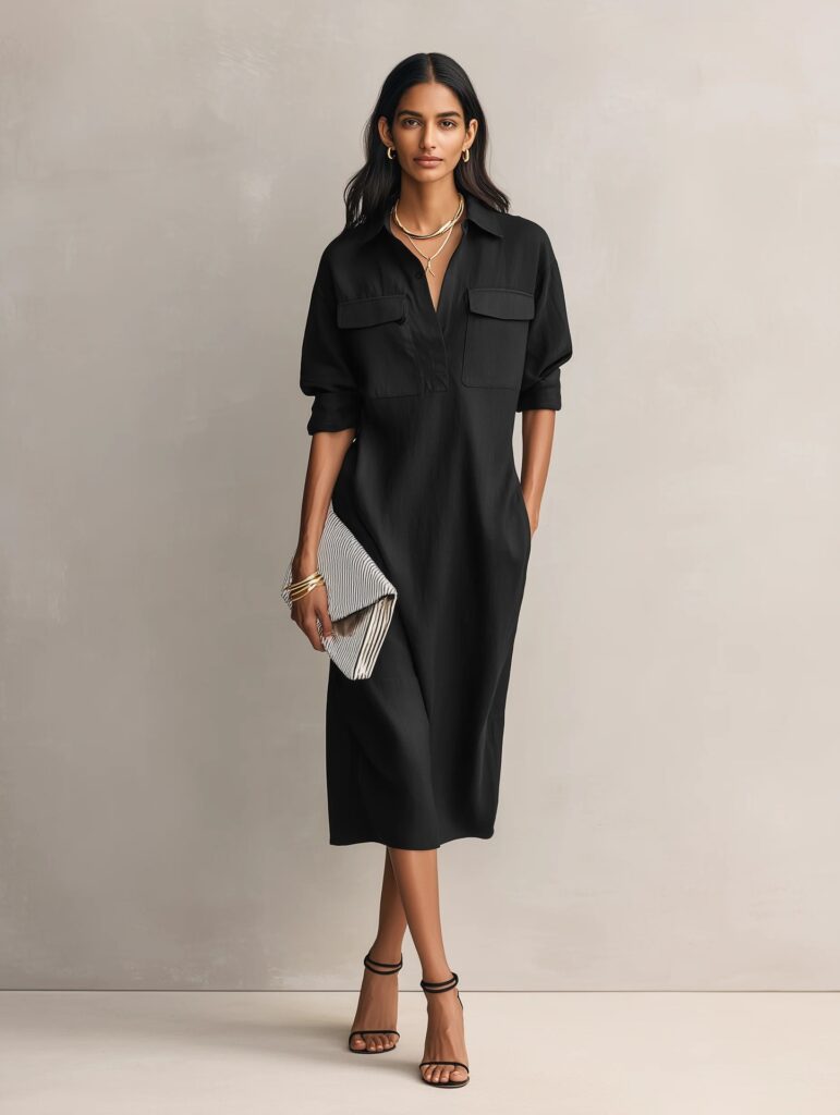 Womens French-style Elegant Commuter Shirt Dress With A Defined Waist, Slimming Fit