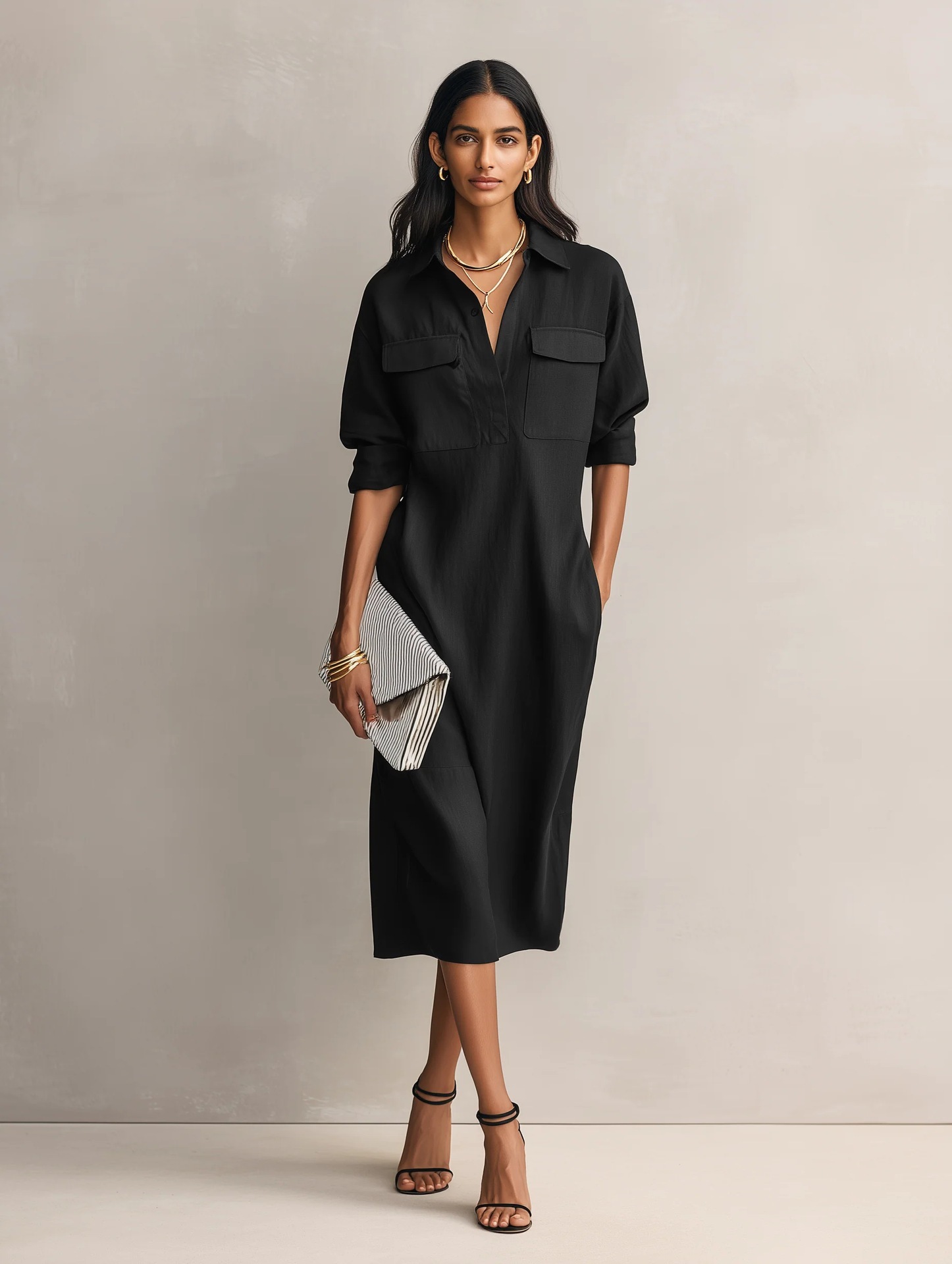Womens French-style Elegant Commuter Shirt Dress With A Defined Waist, Slimming Fit - Image 7