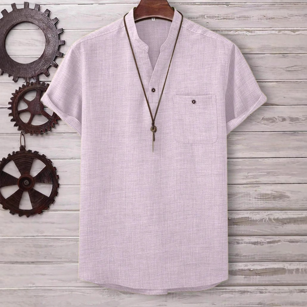 Mens Casual Short-sleeve Solid-color Shirt With A Turn-down Collar - Image 9