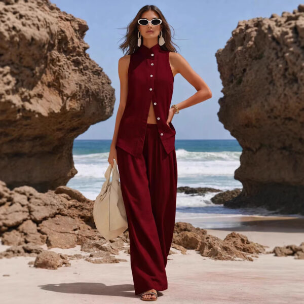 Front-button Cardigan Cotton Top And Pants Set - Image 9