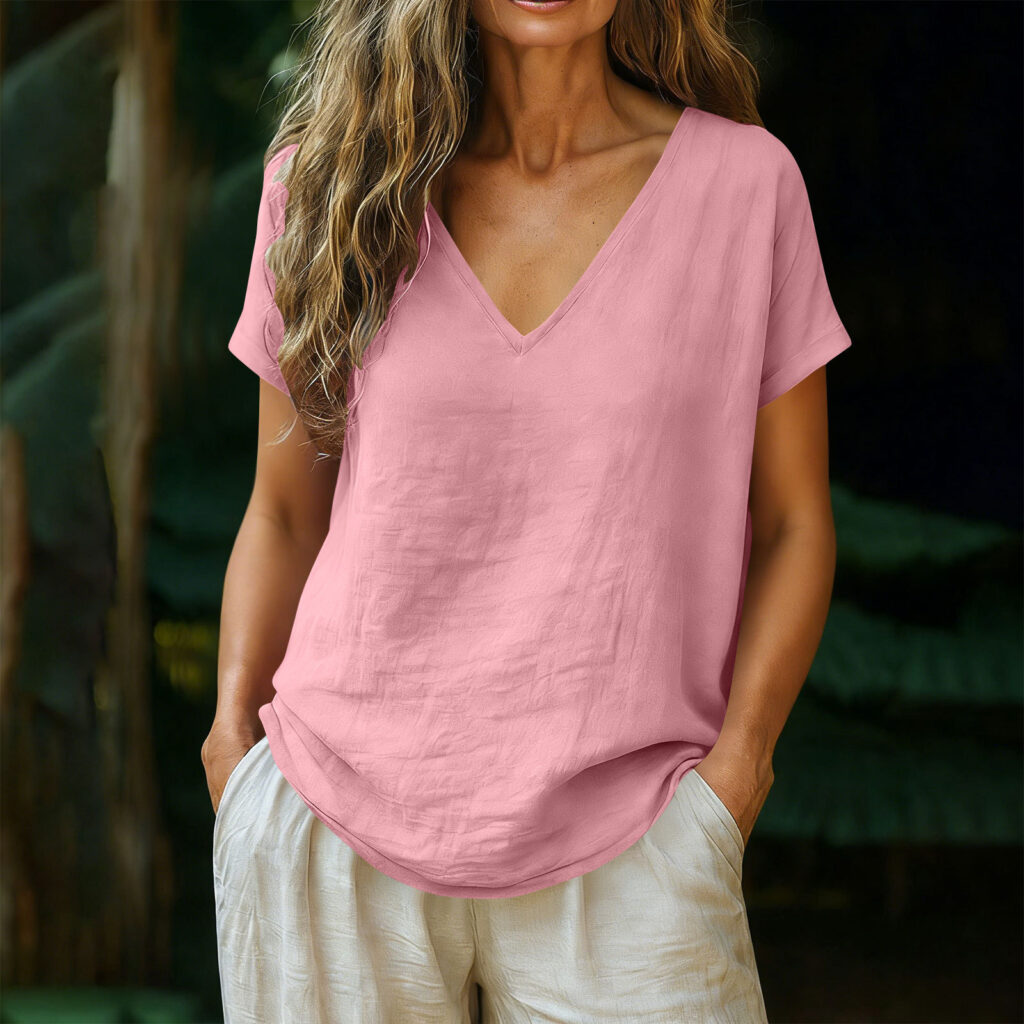 Women's Cotton-Linen Short-Sleeve V-Neck Pullover Top