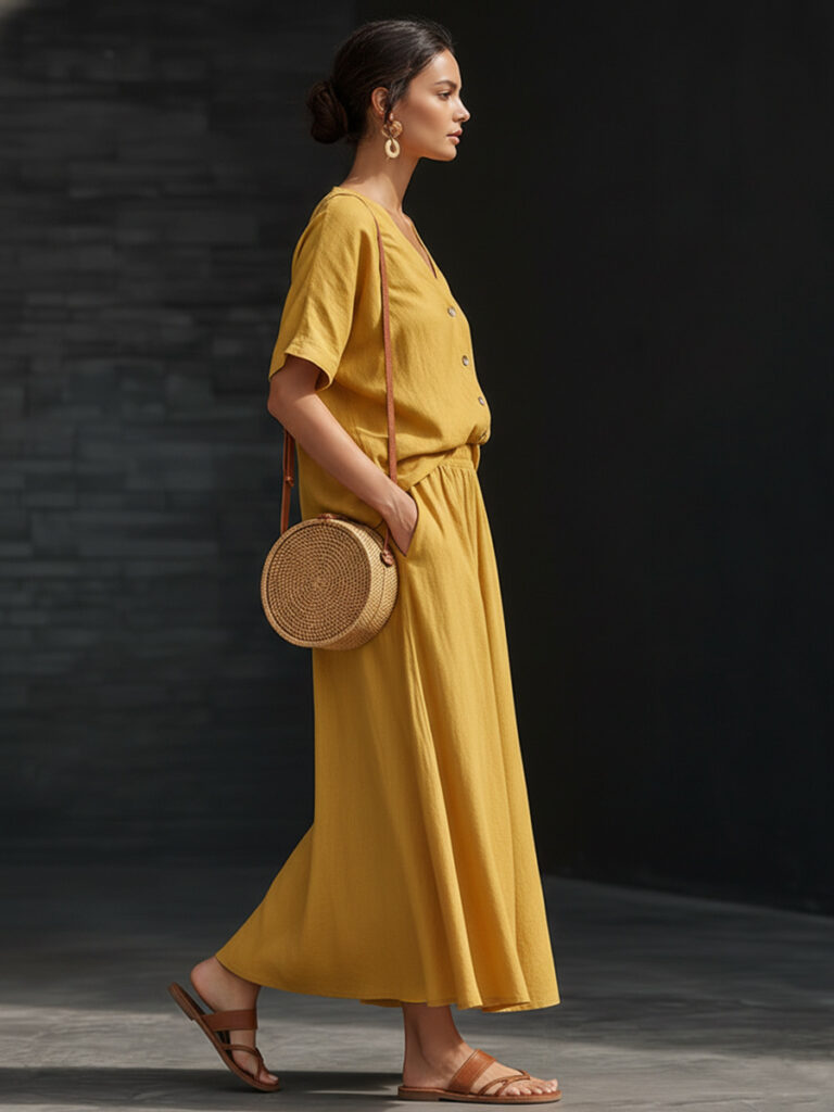 Cotton-linen V-neck Button-up Short-sleeve Top And Skirt Set