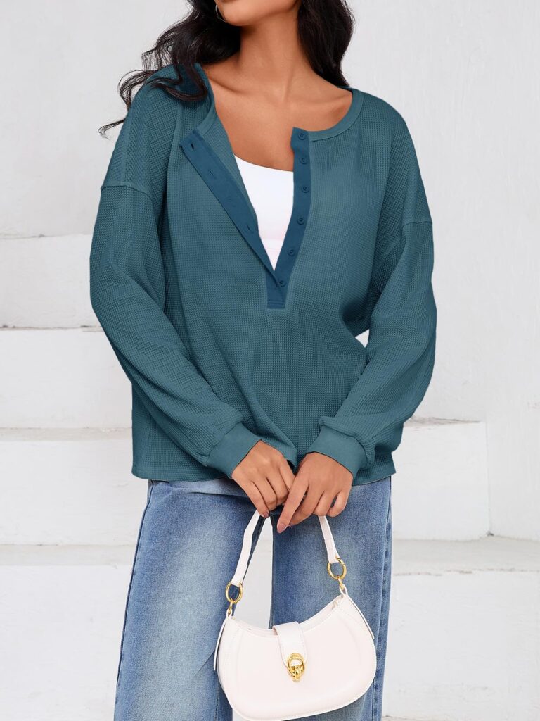 Fisoew Womens Cropped Sweatshirt Casual Waffle Knit Button V Neck Long Sleeve Loose Fit Fall Crop Tops