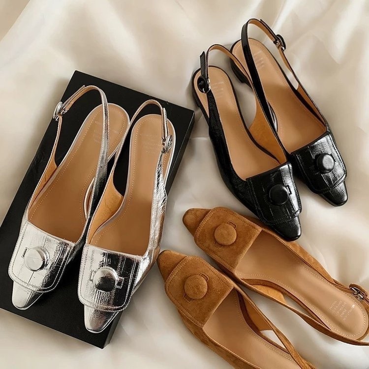 French Retro Metal Buckle Pointed Toe Slingback Flats For Women - Image 1