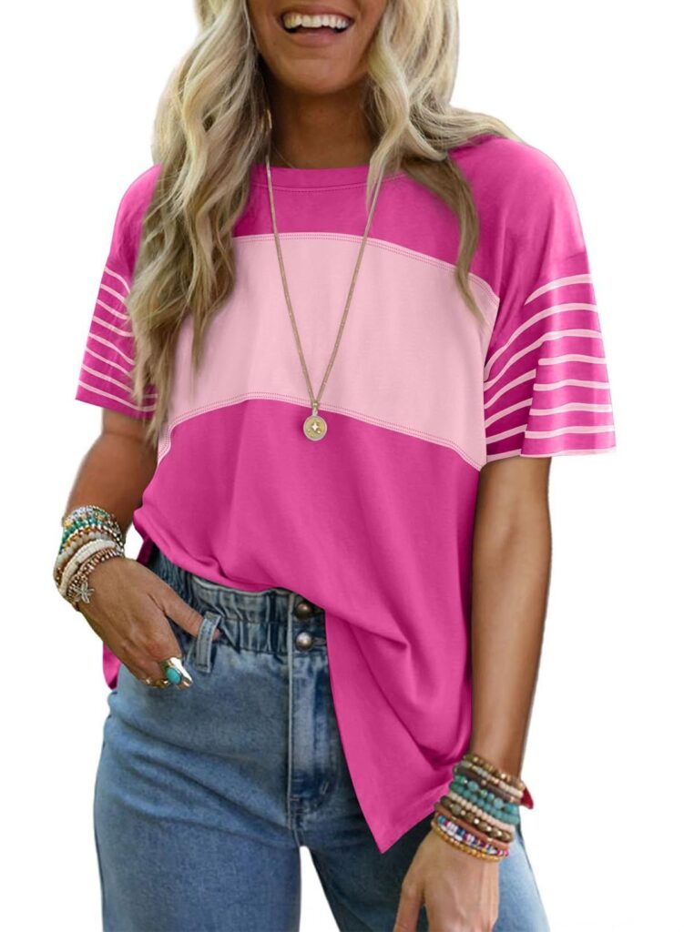 Women's New Style Crew Neck Pullover Casual Striped Color-Block Short-Sleeved T-Shirt