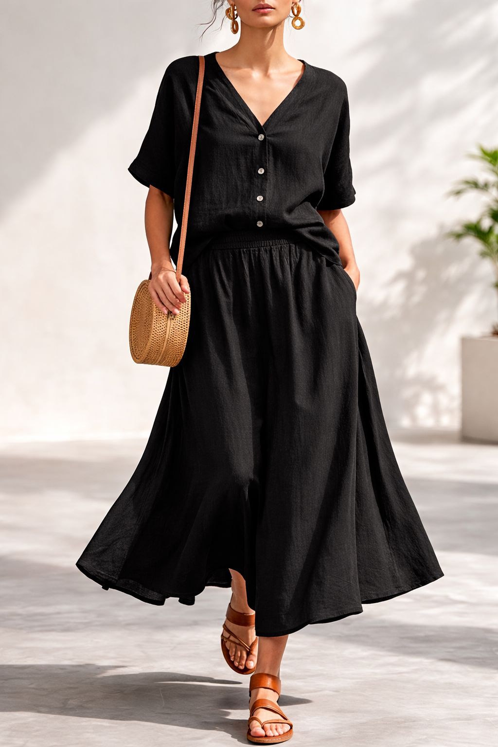 Cotton-linen V-neck Button-up Short-sleeve Top And Skirt Set - Image 19