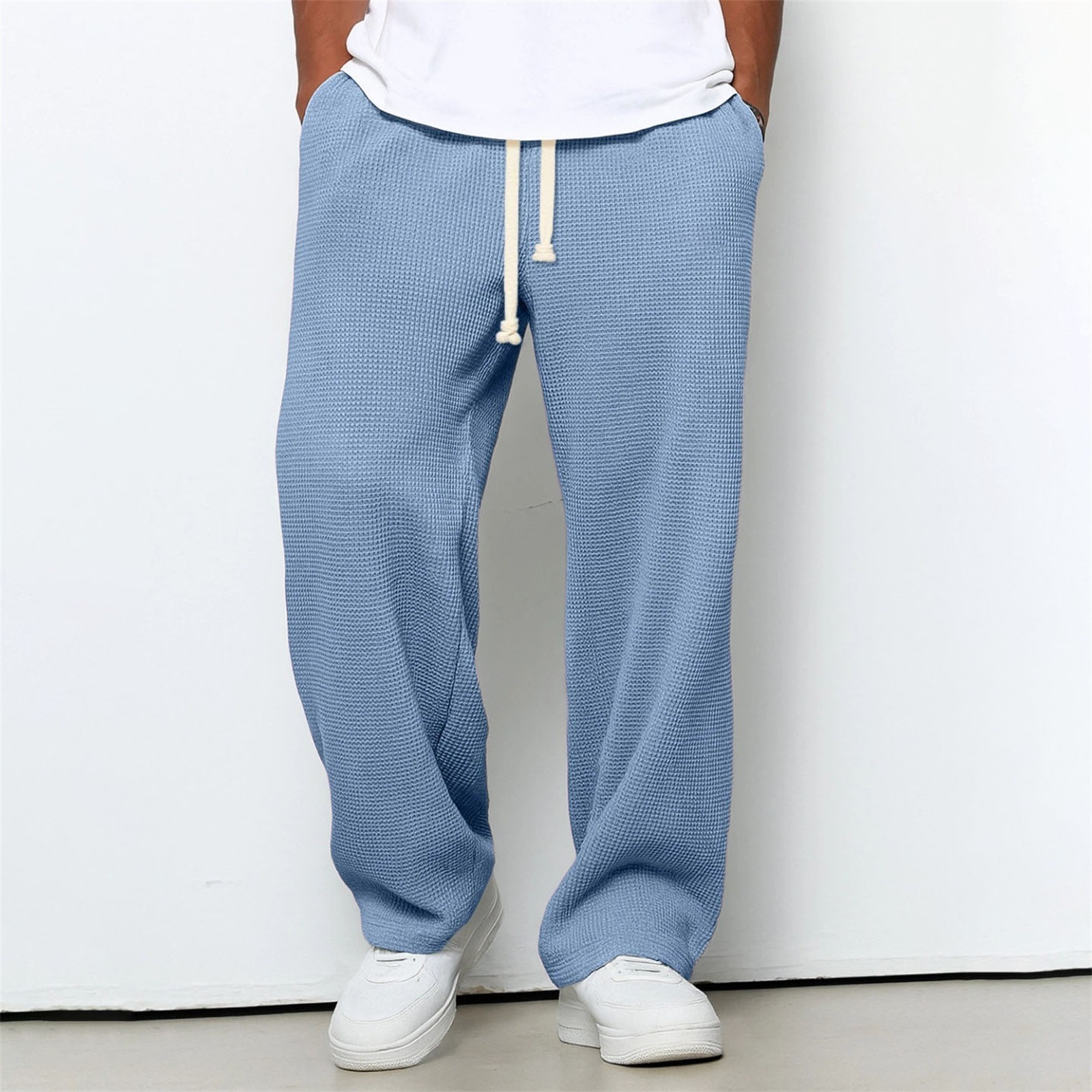 Mens Relaxed-fit Waffle-knit Wide-leg Athleisure Pants - Image 53