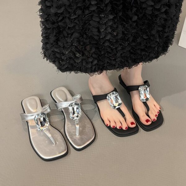 Oversized Crystal, Square Toe, Thong Sandals, French Glam, Low Block Heel, Slides - Image 1