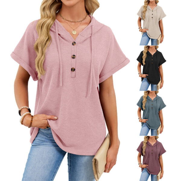 Womens Waffle-Weave Hooded Drawstring Short-Sleeve Top With Buttons