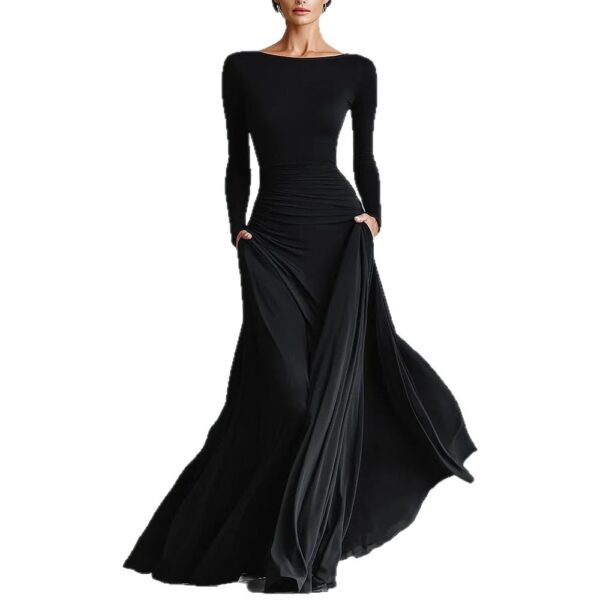 Womens Solid-Color Elegant Waist-Cinching Dress - Image 4