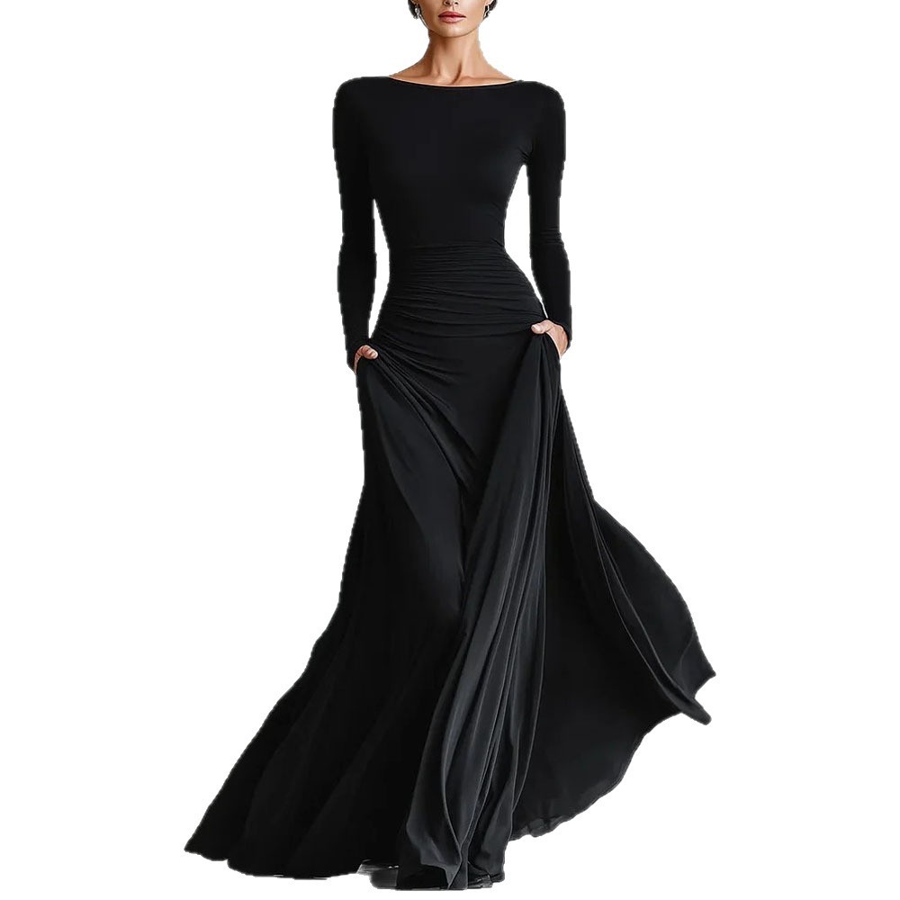 Womens Solid-Color Elegant Waist-Cinching Dress - Image 4