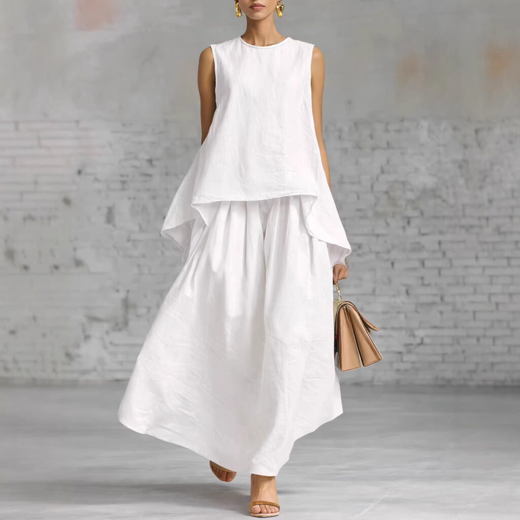 Elastic-waist Sleeveless Top With An Asymmetrical Hem And A Pleated Maxi Skirt