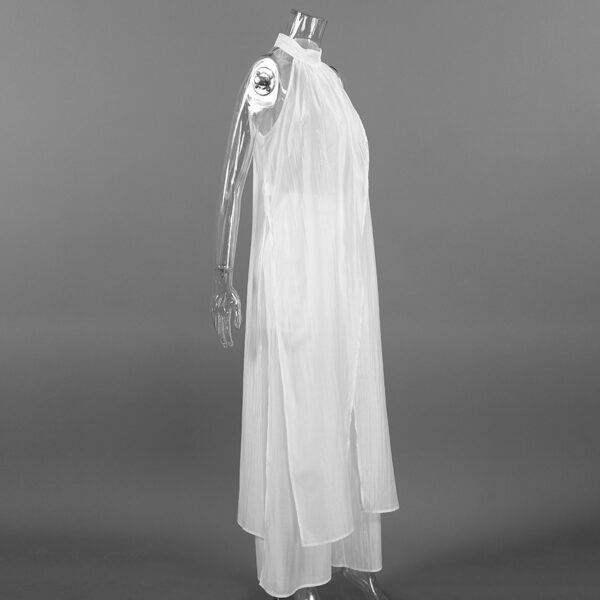White Tencel Sleeveless Halter Neck Long Vest And Trousers Two-piece Set - Image 2