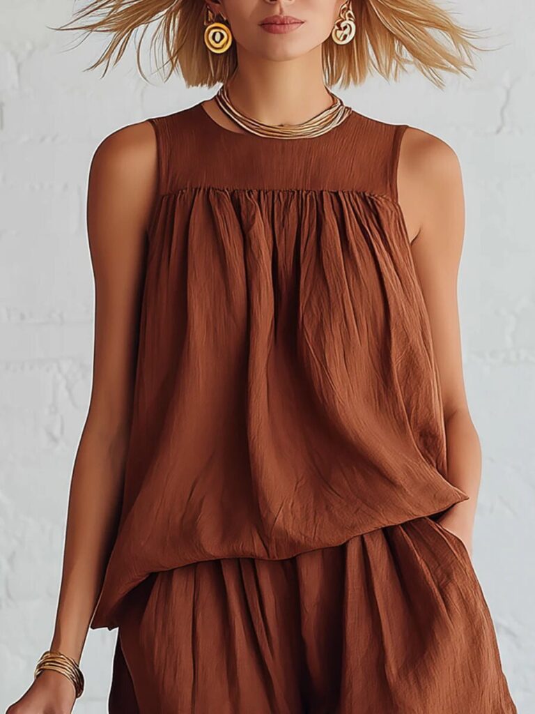 Womens Fashionable Retro Cotton-Linen Sleeveless Top And Wide-Leg Shorts Set