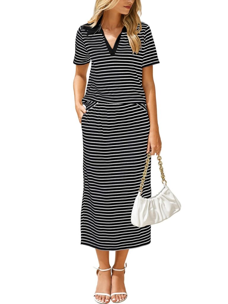 Womens Lapel T-shirt And Slit Skirt 2-piece Set