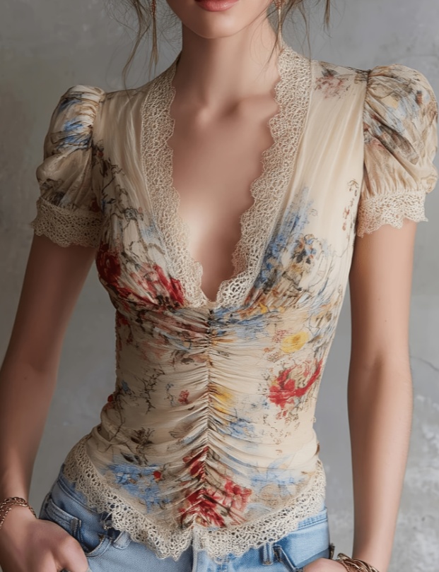 French Retro Style Lace Patchwork Printed Puff Sleeve Top For Women - Image 20
