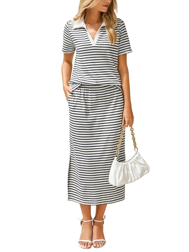 Womens Lapel T-shirt And Slit Skirt 2-piece Set