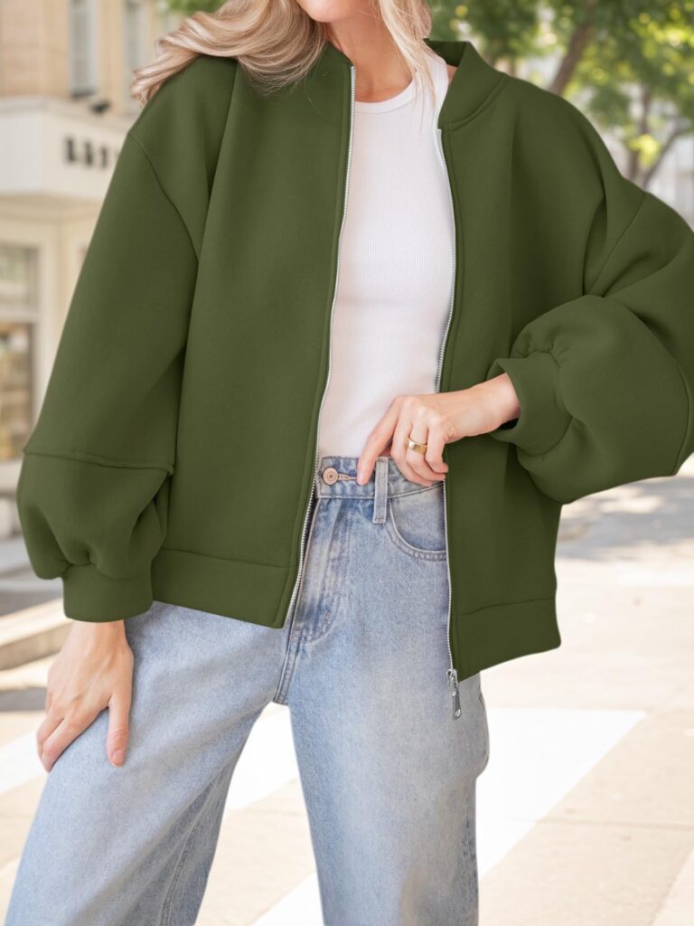 Fisoew Womens Zip Up Sweatshirt Casual Bomber Jacket Lantern Sleeve Oversized Jacket Fall Outfits 2025