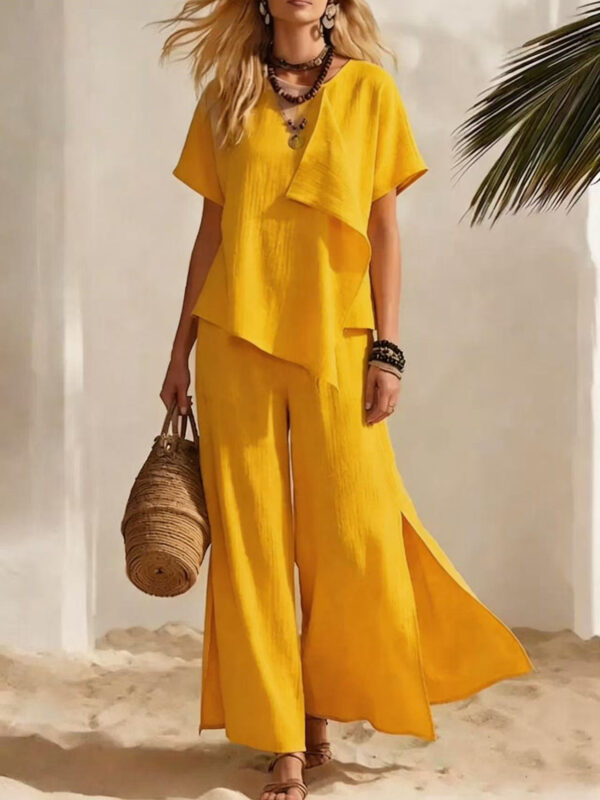 Casual Asymmetrical Short-sleeve Top And Slit Wide-leg Pants Set - Image 11