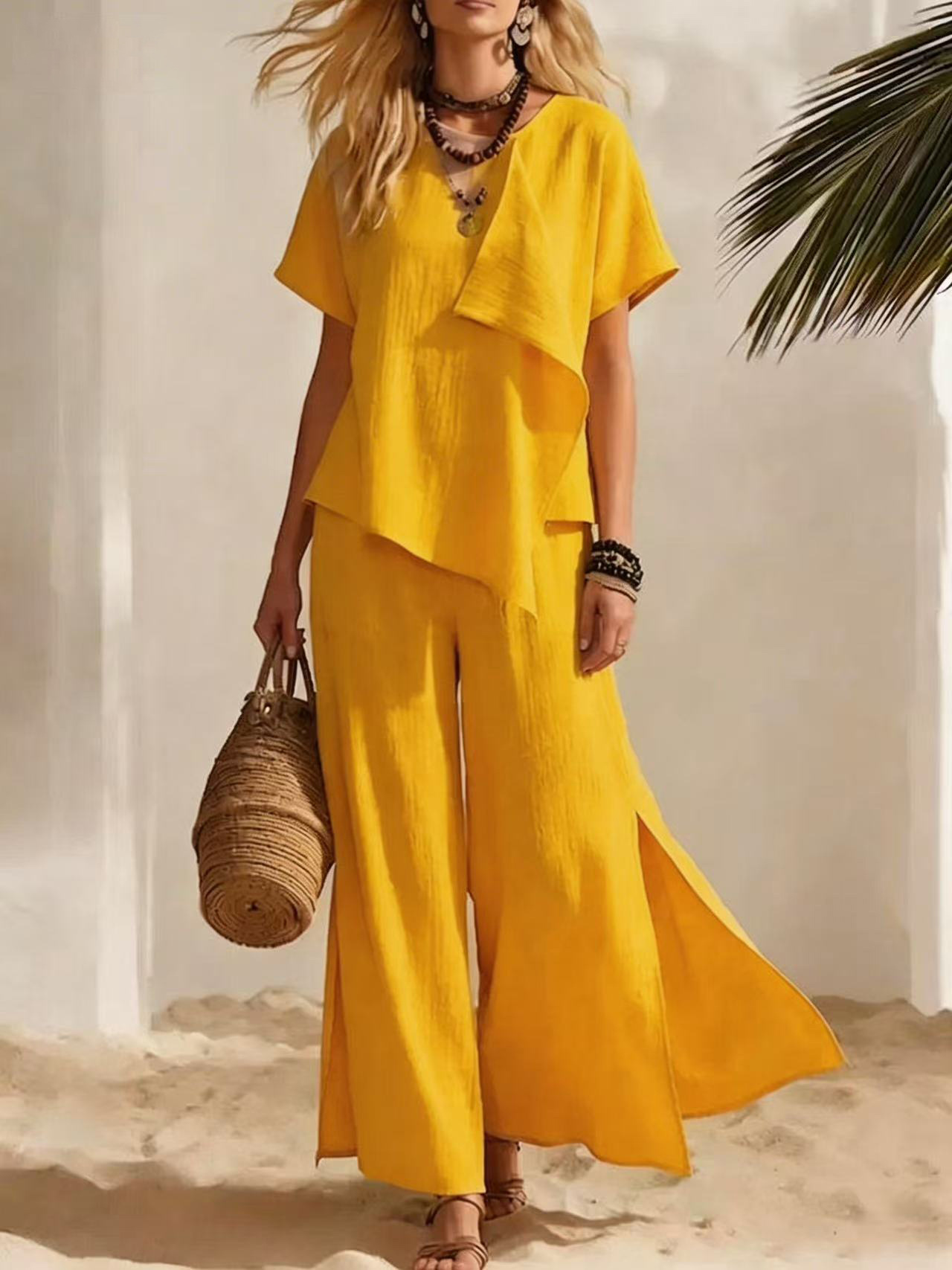 Casual Asymmetrical Short-sleeve Top And Slit Wide-leg Pants Set - Image 11