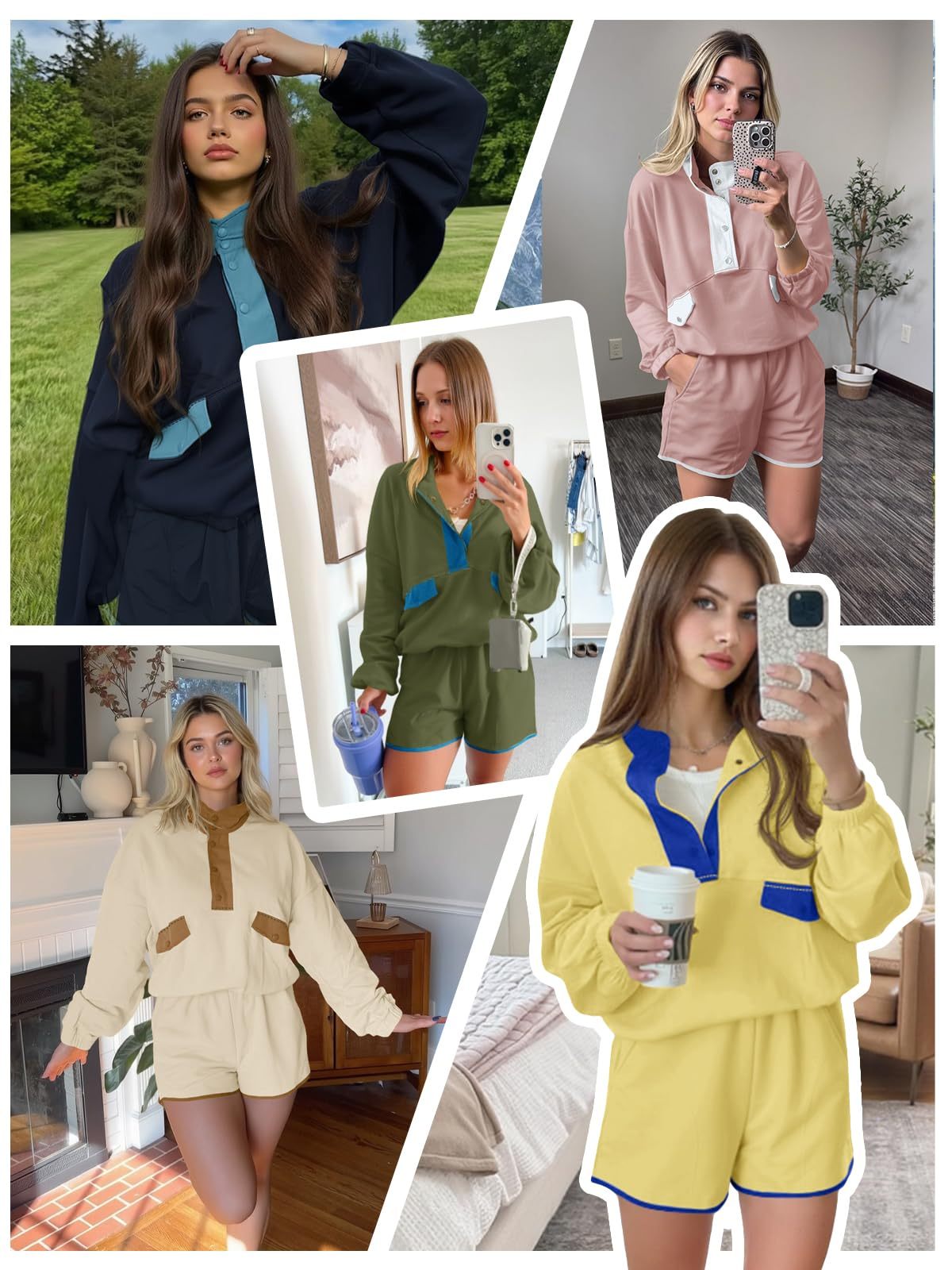 Fisoew Womens 2 Piece Sets Sweatsuits Casual Half Button Color Block Sweatshirts Running Shorts Tracksuits Fall Outfits - Image 2