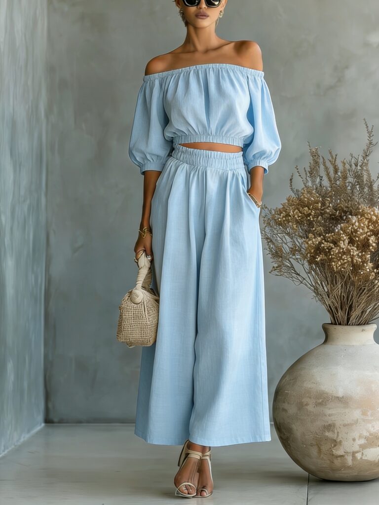 Casual Solid-color Cotton And Linen Top With High-waisted Wide-leg Pants