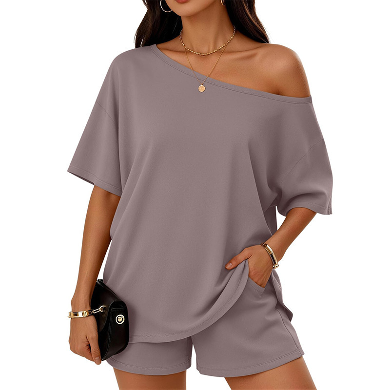 Womens 2-piece Fashionable Casual Set Slant-Neck Top And Shorts - Image 4