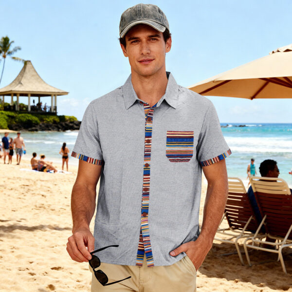 Men's Contrasting-Color Beach Short-Sleeve Casual Shirt - Image 63