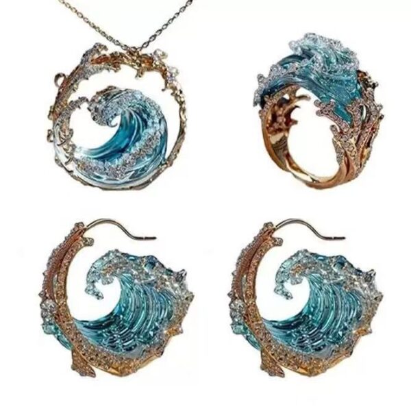 New Creative Light Luxury Wave Jewelry Set, Ocean Wave Design Ring And Earrings, All-Match For Women - Image 4