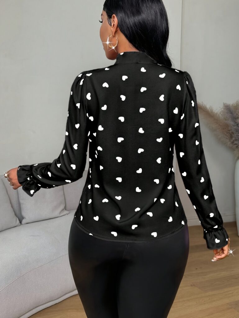 Printed Collared Ruffle-Trimmed Long-Sleeve Womens Shirt