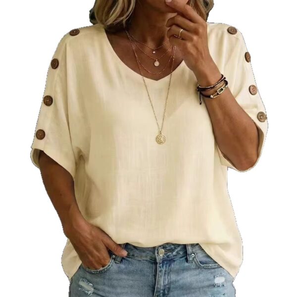 Casual Fashion Buttoned Crew-Neck Pullover Womens T-Shirt - Image 5