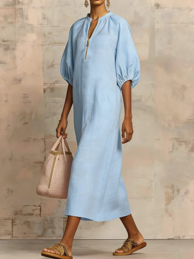 Womens Solid-Colored Cotton-Linen Loose-Fit Casual Puff-Sleeve Dress