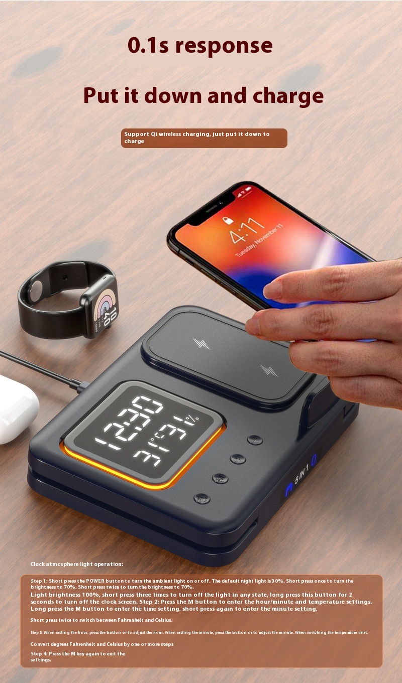 15W Wireless Chargers Stand 5 In1 LED Digital Alarm Clock Fast Charging Dock Station - Image 20