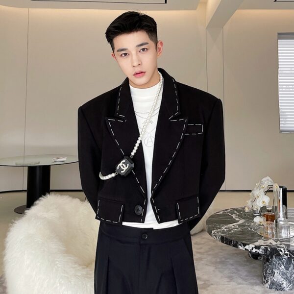 Men's Black Short Suit Jacket With Distinctive Hand-Stitched Detailing - Image 2
