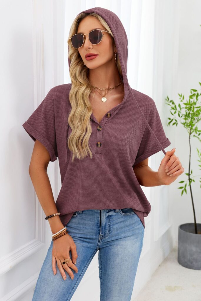 Womens Waffle-Weave Hooded Drawstring Short-Sleeve Top With Buttons
