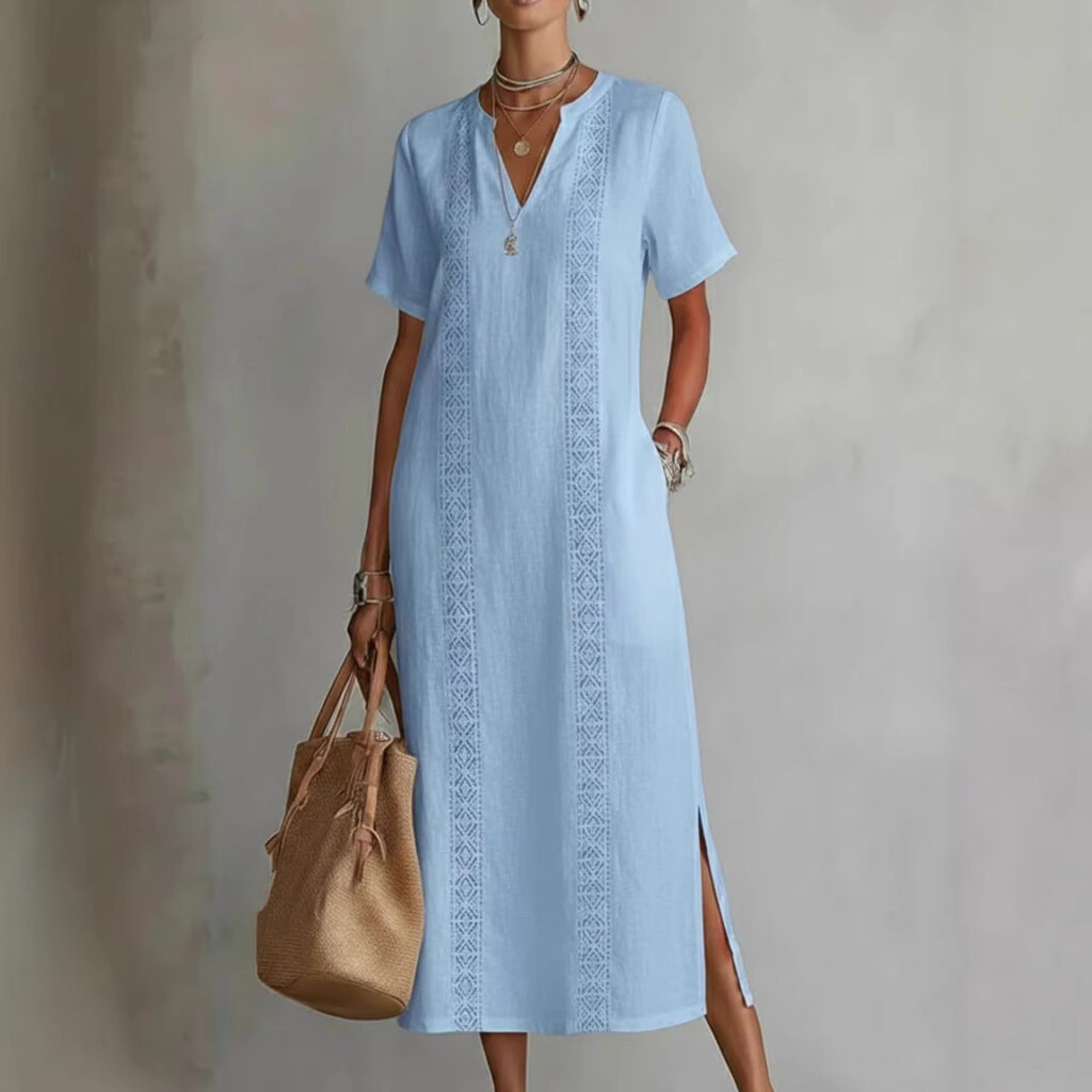 Women's Retro Hollow-Out Lace V-Neck Cotton-Linen Dress