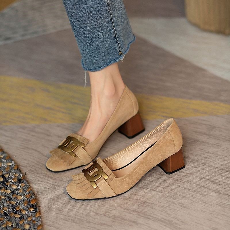 Square-toe Metal-buckle Chunky-heel Womens Shoes
