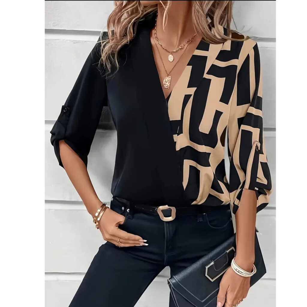 New European And American-style Casual Black V-neck Patchwork Fashion Shirt