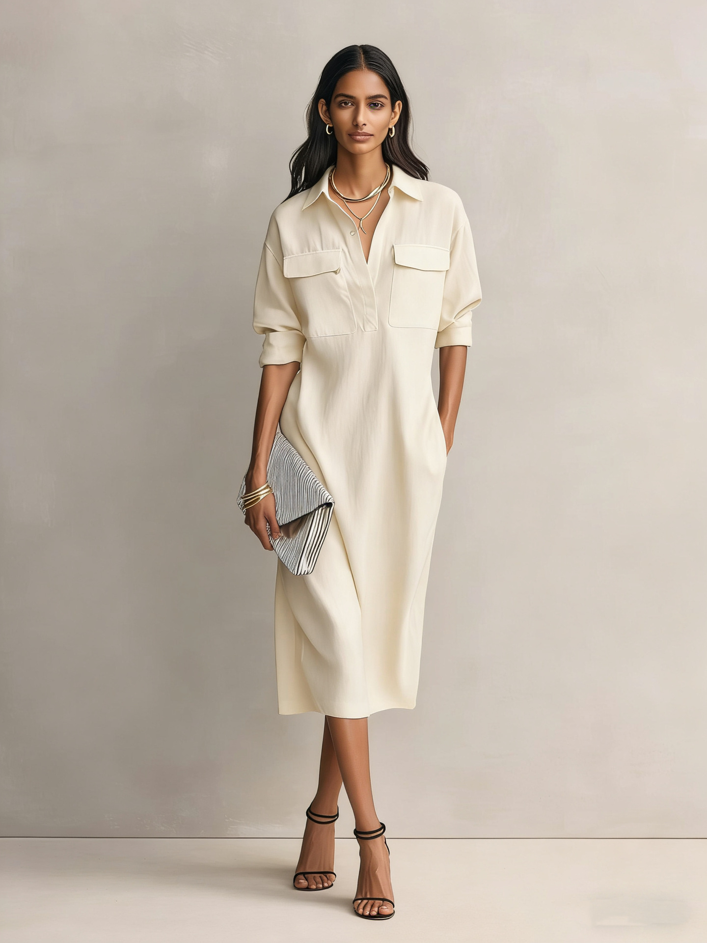 Womens French-style Elegant Commuter Shirt Dress With A Defined Waist, Slimming Fit - Image 14
