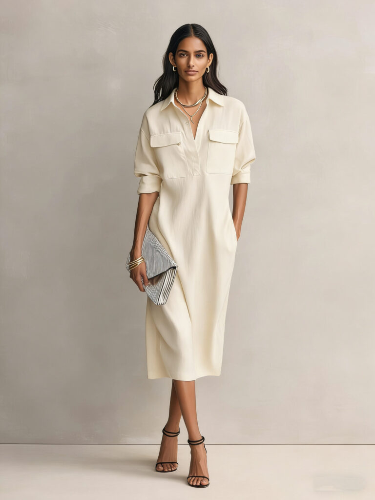 Womens French-style Elegant Commuter Shirt Dress With A Defined Waist, Slimming Fit