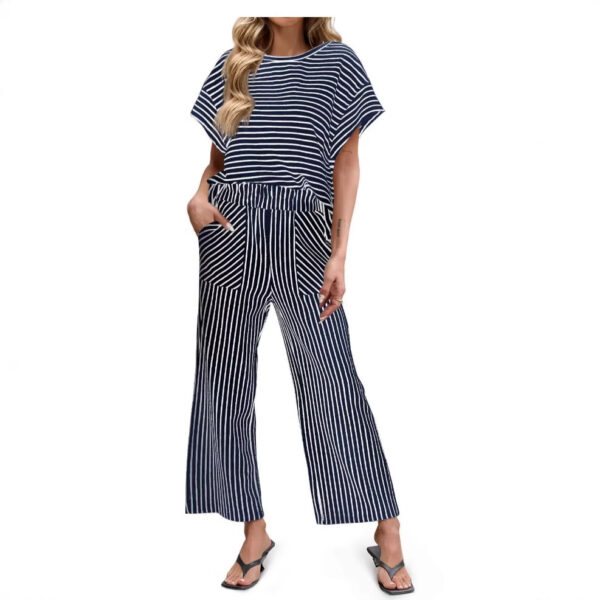 Womens Striped Short-Sleeve T-Shirt And Wide-Leg Pants Set With Pockets - Image 6