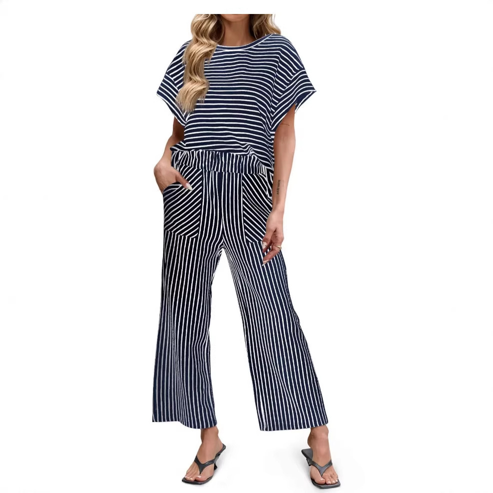 Womens Striped Short-Sleeve T-Shirt And Wide-Leg Pants Set With Pockets - Image 6