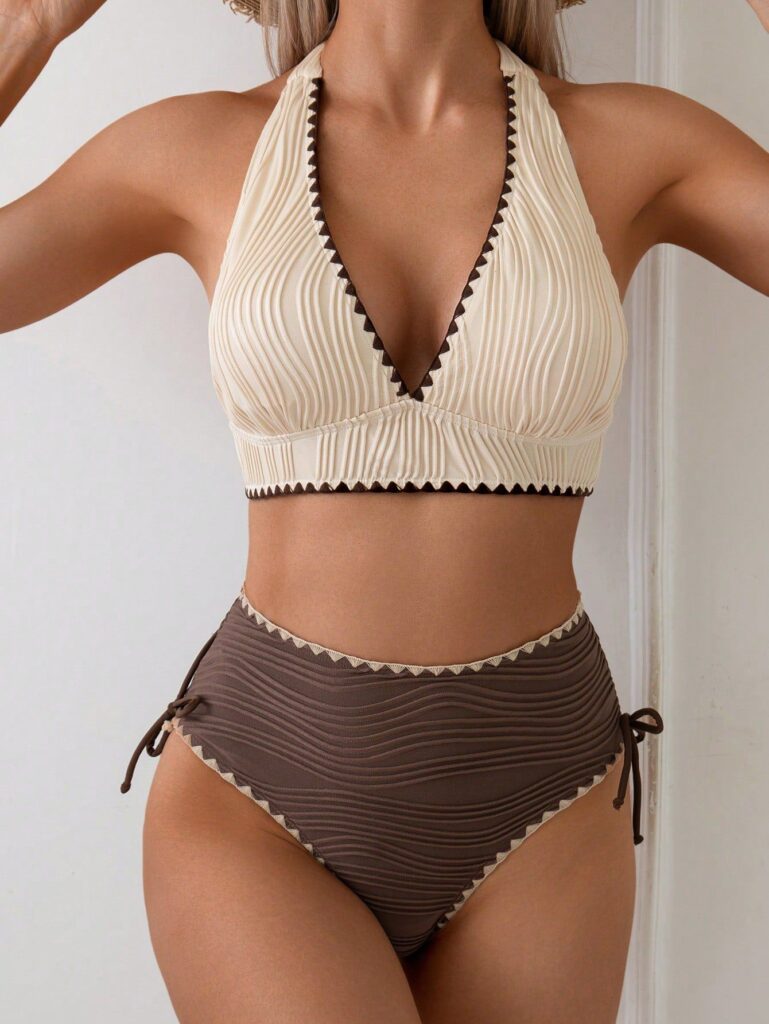 Women's Contrast-Colored Bikini Women's Two-Piece Lace Trim Swimsuit