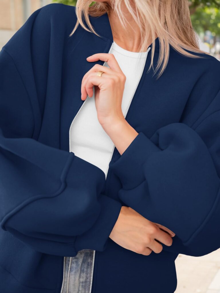 Fisoew Womens Zip Up Sweatshirt Casual Bomber Jacket Lantern Sleeve Oversized Jacket Fall Outfits 2025