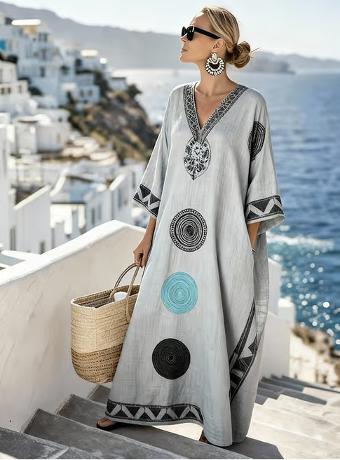 Female Digital Printed V-neck Five Quarter Sleeve Dress - Image 6
