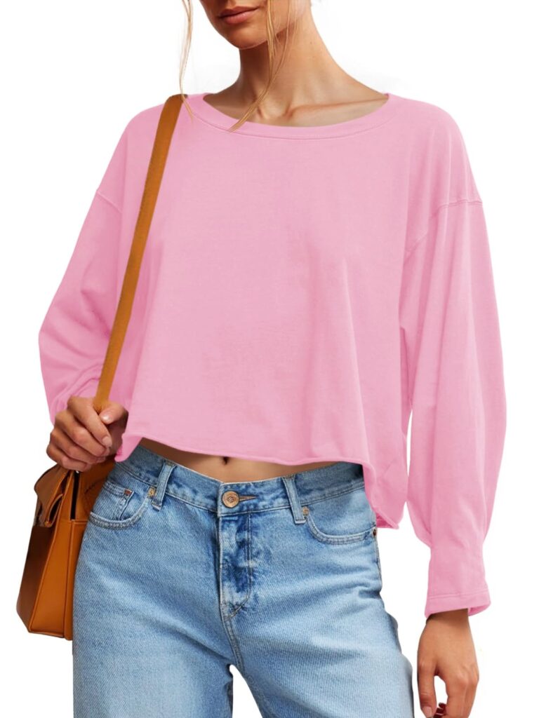 Fisoew Womens Long Sleeve Crop Tops Loose Fit Crew Neck Cropped T Shirts 2025 Casual Workout Tee Shirt Tops